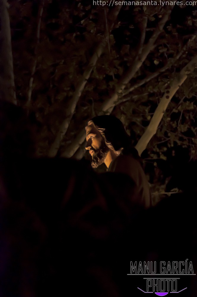 El trono de la Santa Cena de Linares avanza en la oscuridad de la noche linarense. Foto: Manu García.