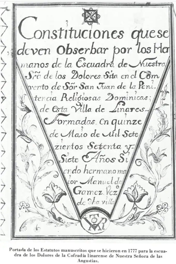 Portada de los estatutos manuscritos que se hicieron en 1777 para la escuadra de los Dolores de la Cofradía linarense de Nuestra Señora de las Angustias.
